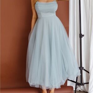 Selfie Leslie Floating by Pleated Neckline Mesh Midi Dress Sage (Seafoam)